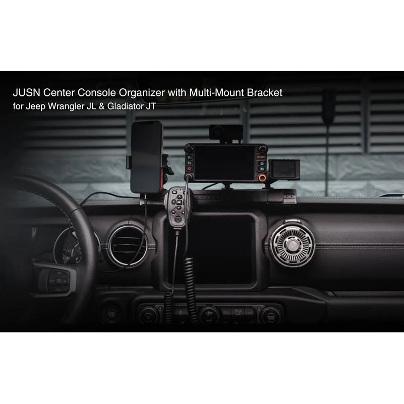 JUSN Center Console Organizer with Multi-Mount Bracket – Aluminum Alloy Intercom Holder & Phone Mount for Jeep Wrangler JL/JT